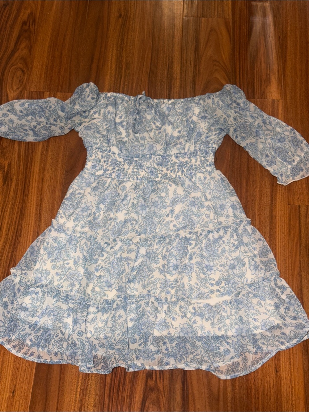 Blush White Dress with Blue Floral Print and Smocked Waist